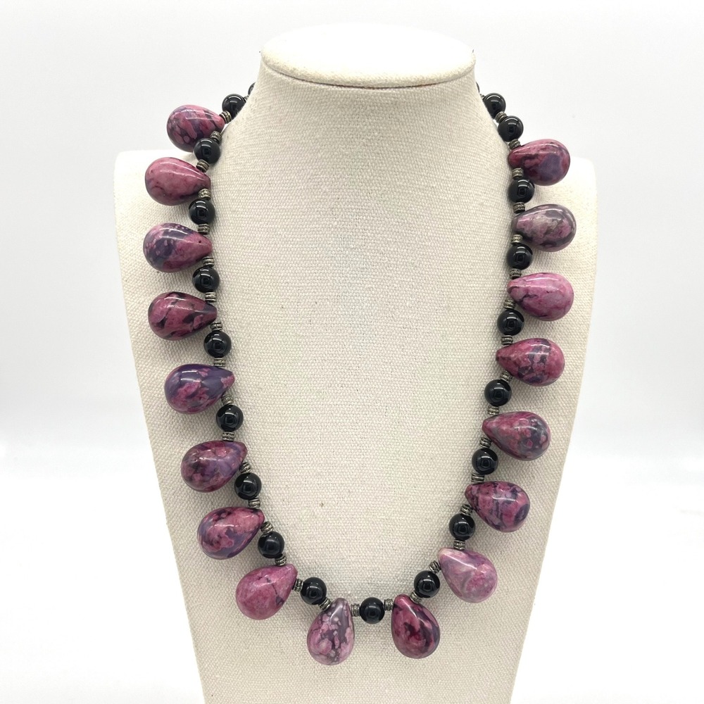 Rhodolite Teardrop Statement Necklace Black Bead Silver Tone Toggle Clasp 20in
